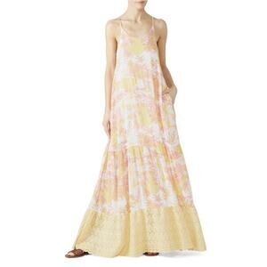 PARADISED AIDA Sunset Tropical Palm Floral Print Sleeveless Tiered Maxi Dress S